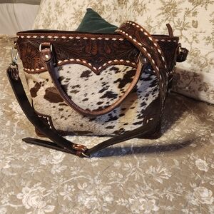 American Darling Scalloped Tooled Leather Buckstitch Cowhide Tote